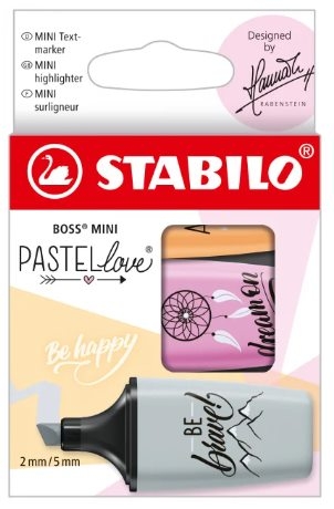 Stabilo Boss Mini Pastellove Pack de 3 Marcadores Fluorescentes, Trazo 2-5mm, Antisecado, Colores Fucsia, Naranja y Gris