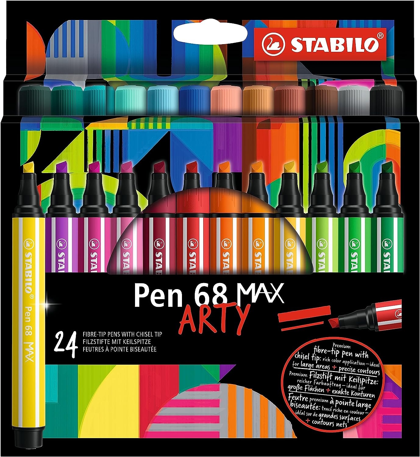 Stabilo Pen 68 MAX Arty Pack de 24 Rotuladores, Punta de Fibra Biselada, Trazo 1-5mm