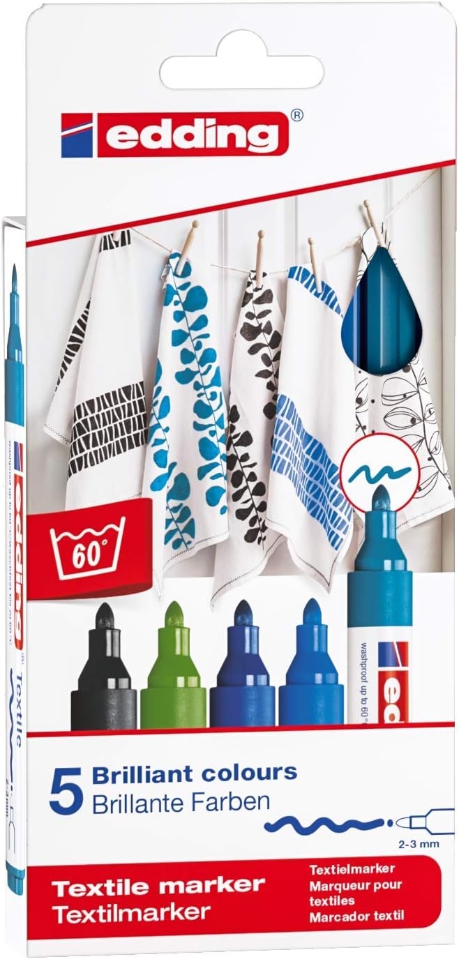 Edding 4500 Colores Frios Pack de 5 Rotuladores Permanentes para Textil, Trazo 2-3mm, Olor Neutro, Seca rápido, C