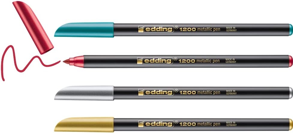 Edding 1200 Metallic Pack de 4 Rotuladores, Trazo 1mm, Colores Oro, Plata, Rojo y Verde Metalizados