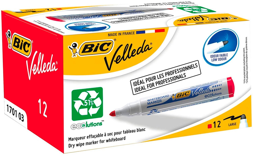 Bic Velleda 1701 ECOlutions Marcadores para Pizarra, Punta Redonda, Trazo de 1.5 mm, Tinta base alcohol, Borrado facil, Rojo