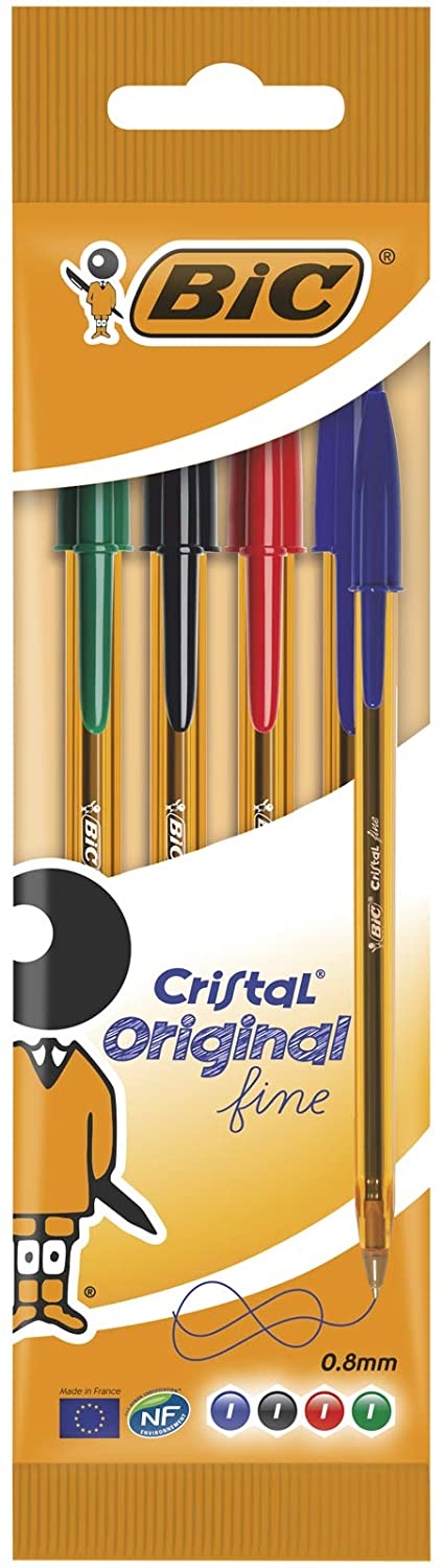 PACK 4 Bic Cristal Original Fine, Punta 0.8mm, Trazo 0.30mm, Colores surtidos