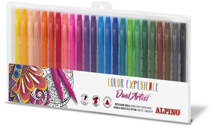 Alpino Color Experience Pack de 24 Rotuladores Doble Punta con Punta Pincel, Punta Fine Liner de 0.7mm y Punta Pincel de 2.9mm