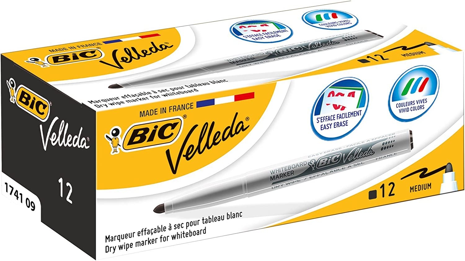 Bic Velleda 1741 Marcador para Pizarra, Punta de 4.5 mm, Trazo 1.4mm, Tinta base acetona, Borrado facil, Negro