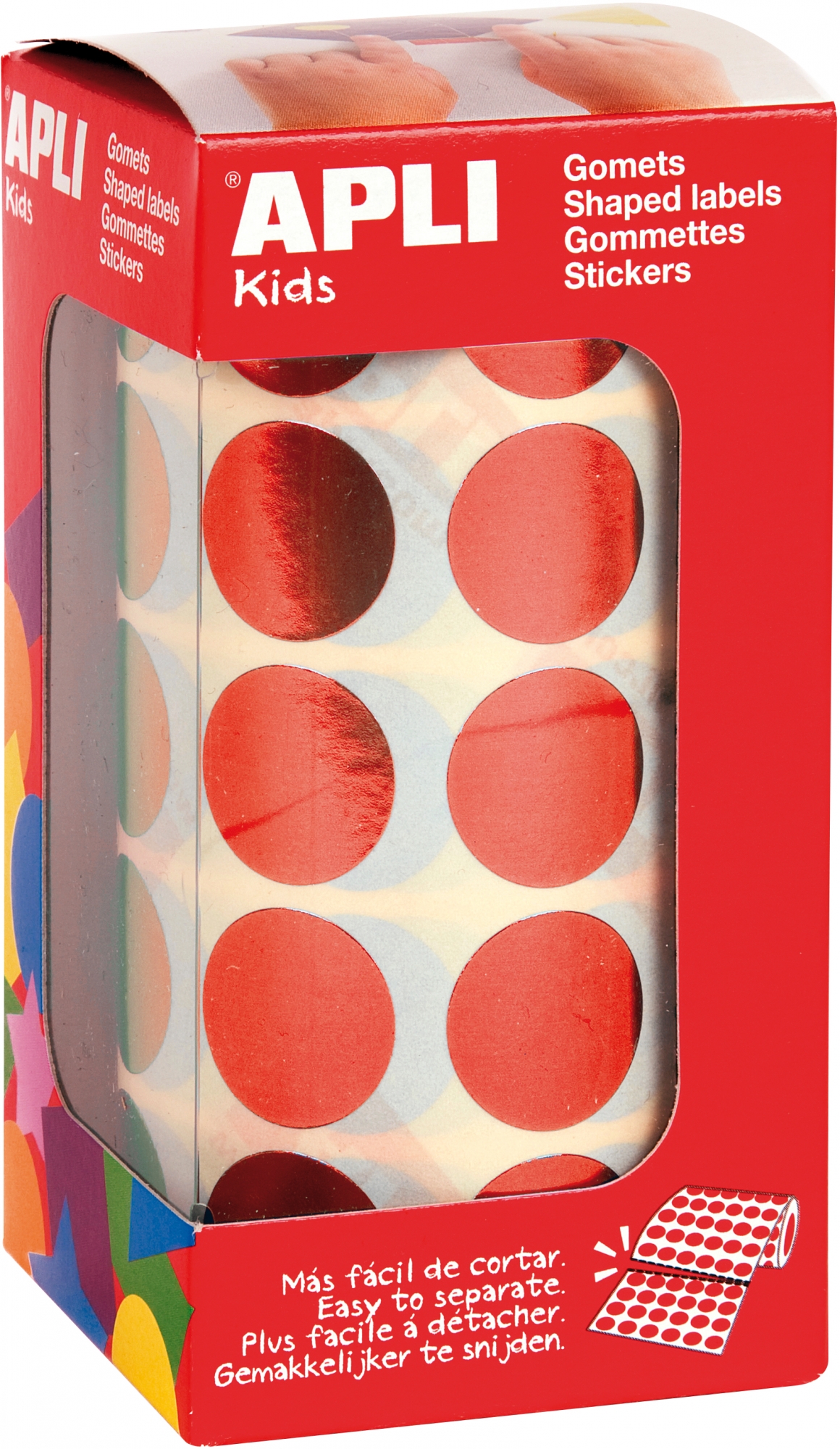 Apli Gomets Redondos Ø 20mm Rojo Metalizado - 59 Hojas Pretroqueladas - 1770 Gomets por Rollo - Ideal para Actividades Creativas