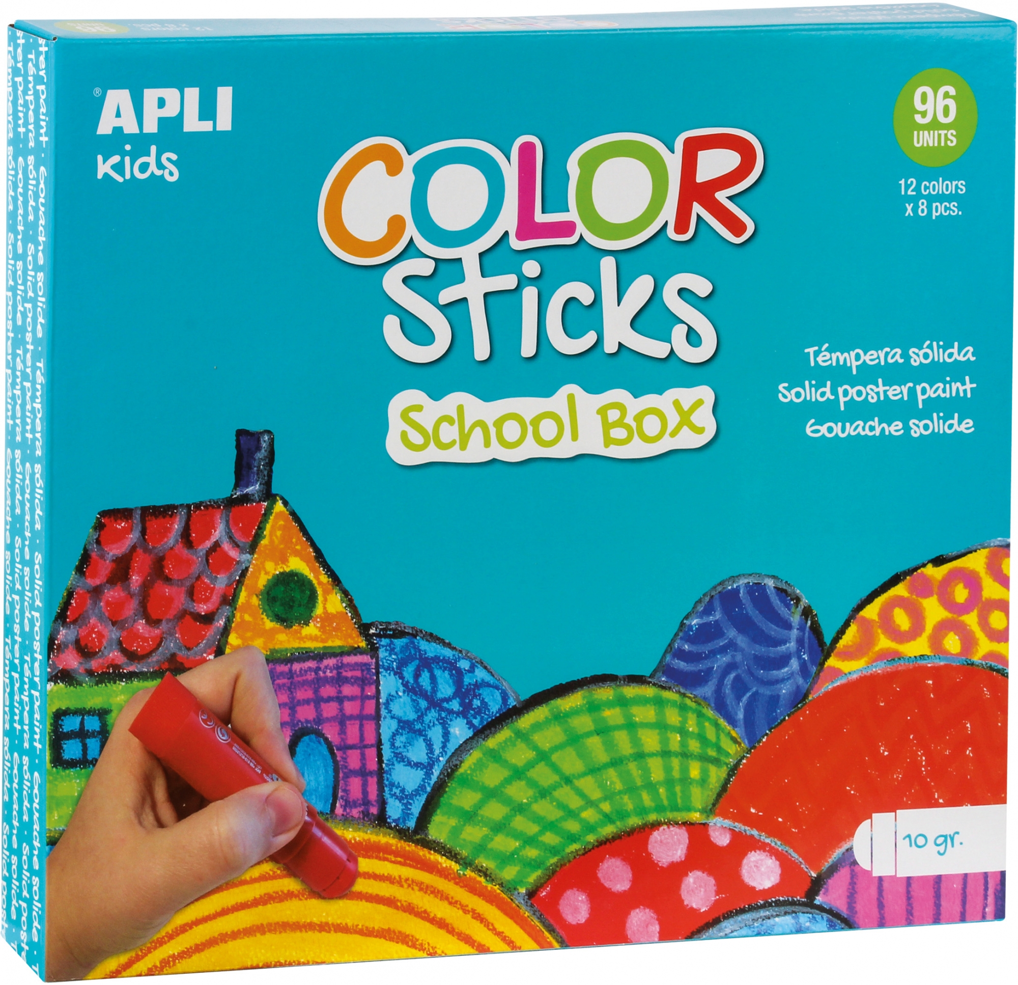 Apli Color Sticks Temperas Solidas, Caja de 96 Unidades de 10g Ideales para Escuelas y Colectivos