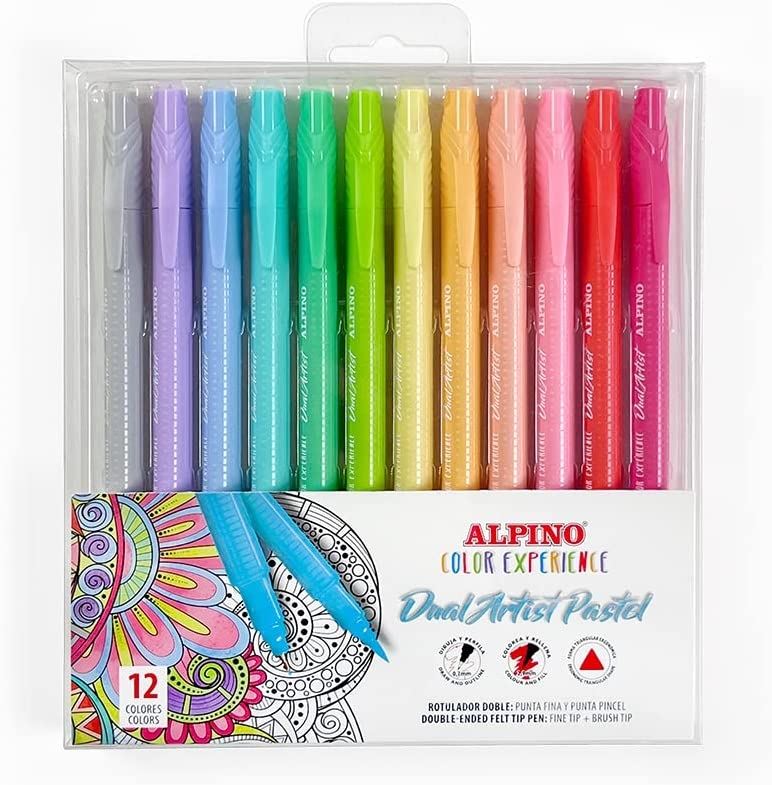 Alpino Color Experience Pack de 12 Rotuladores Pastel Doble Punta, Puntas Fine Liner de 0.7mm y Pincel de 2.9mm
