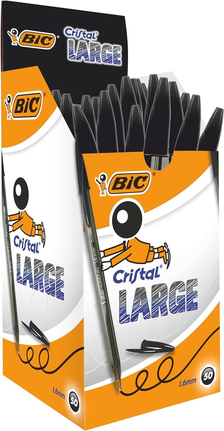 Caja de 50 Bic Cristal Large, Punta Gruesa 1.6mm, Trazo 0.60mm, Negro