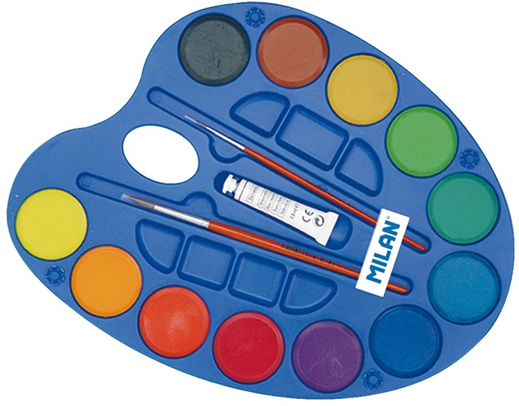 Milan 054412 Paleta de 12 Acuarelas Ø45 mm + Tubo de Pintura Blanca + 2 Pinceles Serie 101 Colores Surtidos