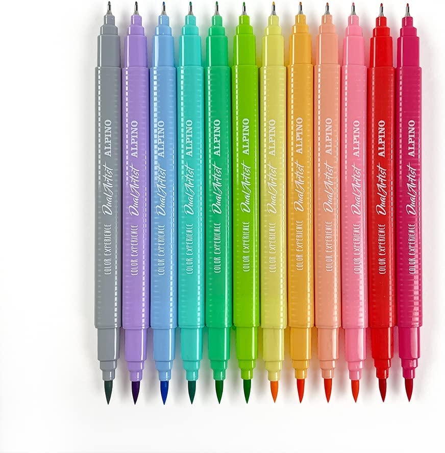 Alpino Color Experience Pack de 12 Rotuladores Pastel Doble Punta, Puntas Fine Liner de 0.7mm y Pincel de 2.9mm