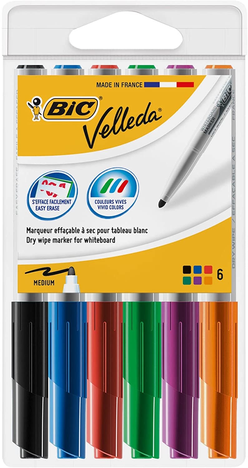 Bic Velleda 1741 Pack de 6 Rotuladores para Pizarra, Punta media, Trazo de 1.4mm, Borrado facil, Varios colores