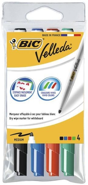 Bic Velleda 1741 Pack de 4 Rotuladores para Pizarra, Punta Media, Trazo de 1.4mm, Borrado facil, Varios colores