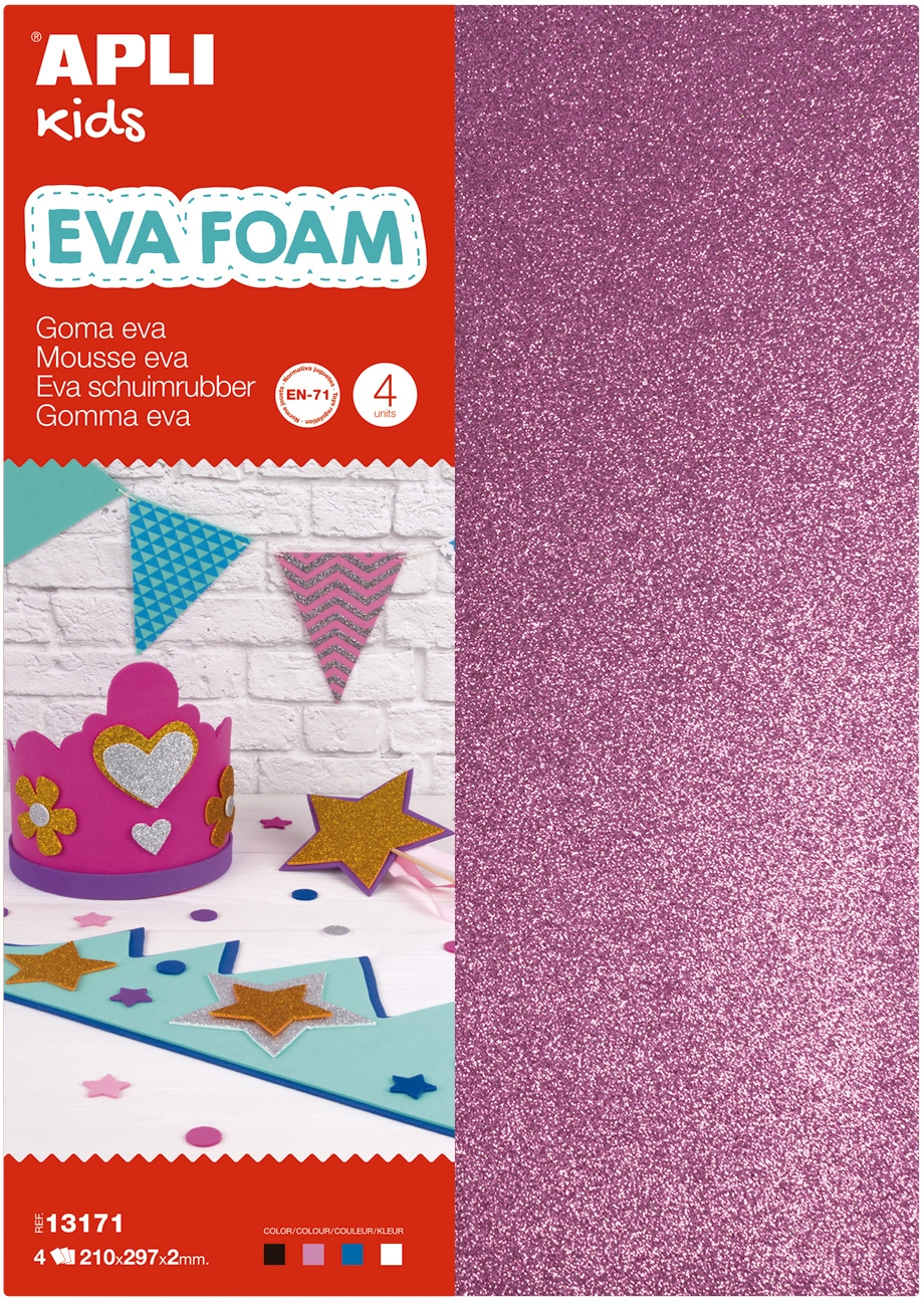 Apli Goma Eva Purpurina A4 4 Hojas - Blanco, Negro, Rojo y Azul - Ideal para Manualidades y Decoracion