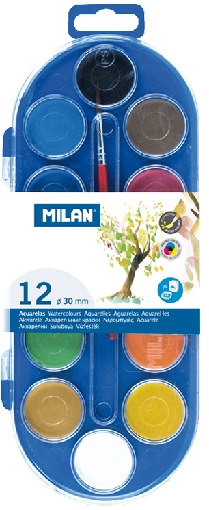 Milan 80011 Estuche de 12 Acuarelas Ø30 mm + Pincel Serie 101 Colores Surtidos