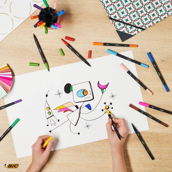 Bic Intensity Dual Tip Pack de 12 Rotuladores Doble Punta, Punta de Pincel + Punta Fina