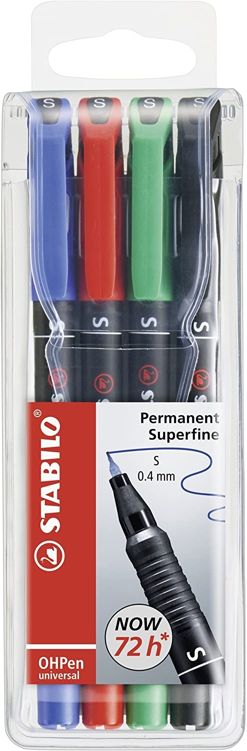 Stabilo OHPen Pack de 4 Rotuladores Permanentes, Punta Superfina, Trazo de 0.4mm, Grip, Varios