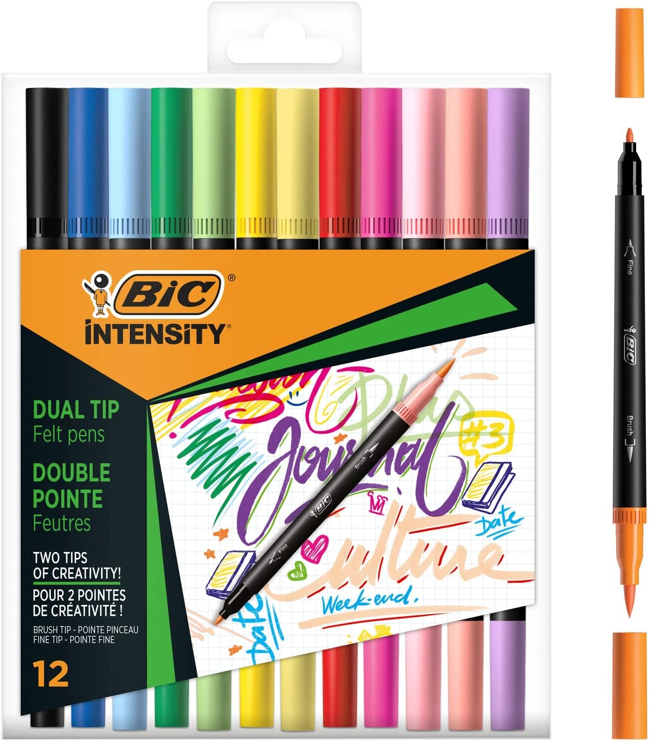 Bic Intensity Dual Tip Pack de 12 Rotuladores Doble Punta, Punta de Pincel + Punta Fina