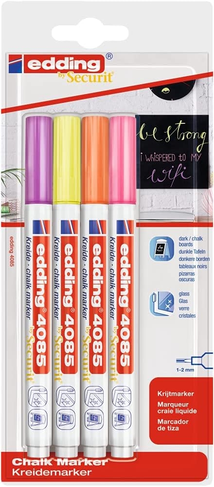 Edding 4085 Neon Pack de 4 Rotuladores de Tiza Liquida, Trazo 1-3mm, Olor Neutro, Colores Frambuesa, Amarillo, Na