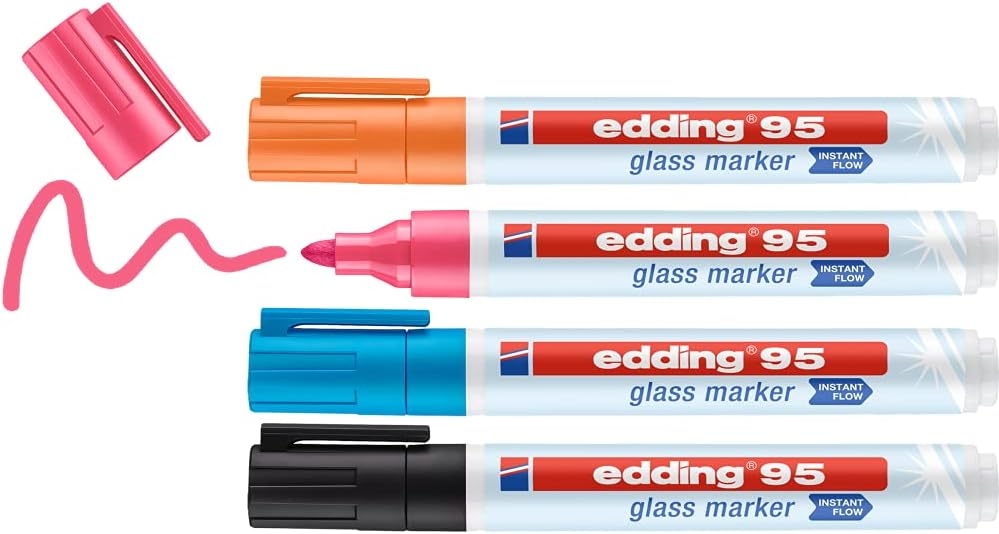 Edding 95 Pack de 4 Rotuladores de Tiza Liquida, Trazo 1.5-3mm, Colores Negro, Naranja, Rosa y Azul