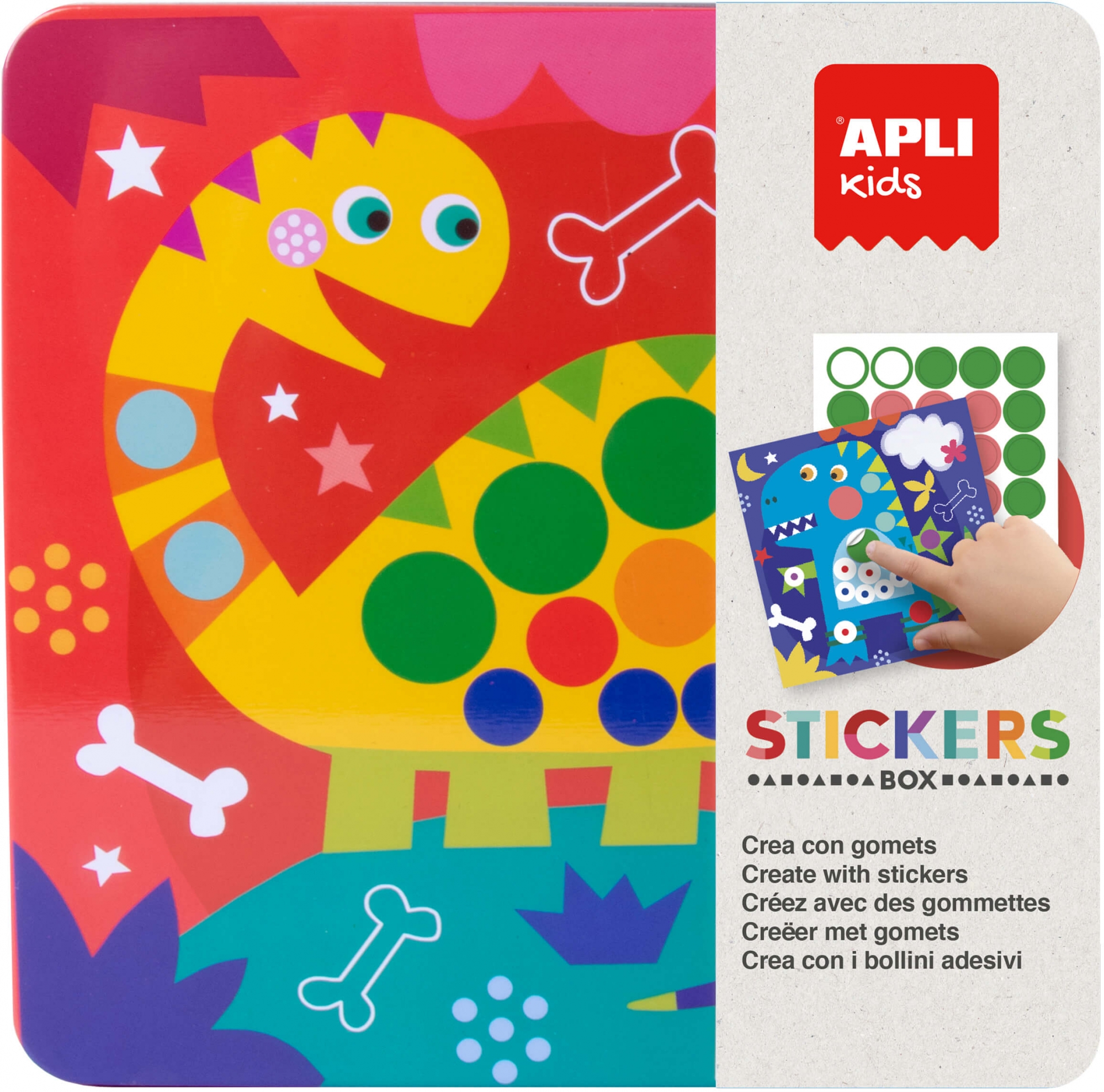 Apli Kids Juego de Gomets Dino - Incluye 8 Laminas Ilustradas - 8 Hojas de Gomets Removibles - Caja Metalica Exclusiva