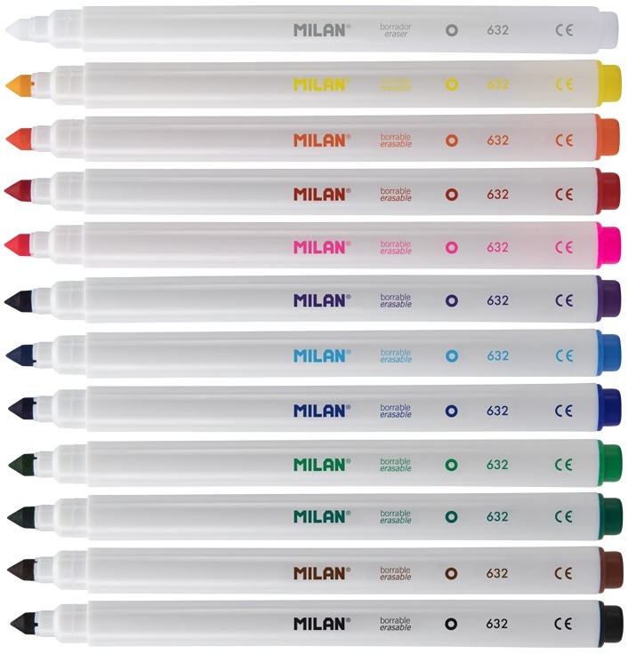 Milan Pack de 11 Rotuladores Borrables + 1 Rotulador Borrador, Punta Conica 5mm