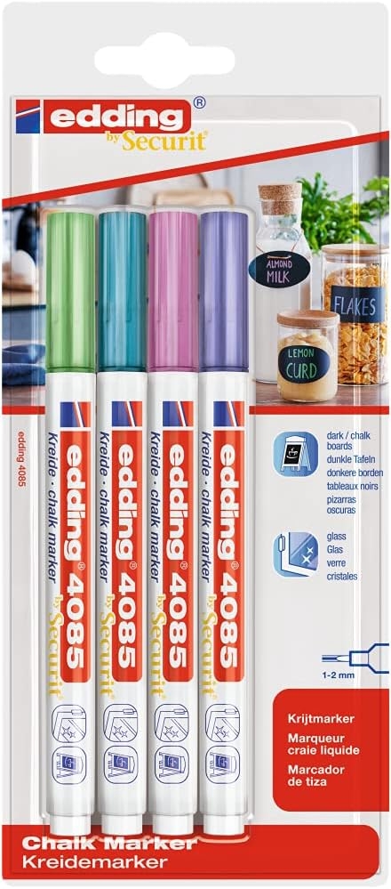 Edding 4085 Metalicos Pack de 4 Rotuladores de Tiza Liquida, Trazo 1-3mm, Olor Neutro, Colores Azul, Verde, Viole