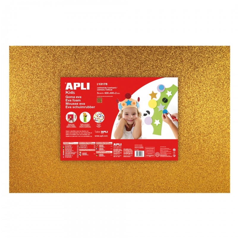 Apli Pack de 3 Goma Eva Purpurina Oro 600 x 400 mm - Grosor 2 mm - Impermeable - Moldeable al Calor - Color Oro