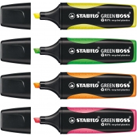 Stabilo Green Boss Pack de 4 Marcadores Fluorescentes, Trazo 2-5mm, Colores Surtidos