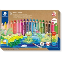 Staedtler Noris Junior Pack de 18 Lapices de Colores Extragruesos + Sacapuntas, 3 en 1, Lapiz, Cera y Acuarelable