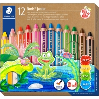 Staedtler Noris Junior Pack de 12 Lapices de Colores Extragruesos + Sacapuntas, 3 en 1, Lapiz, Cera y Acuarelable