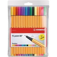 Stabilo Point 88 Pack de 15 Rotuladores de Punta Fina de Fibra, Trazo de 0.4 mm, 10 colores + 5 Neon