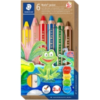 Staedtler Noris Junior Pack de 6 Lapices de Colores Extragruesos + Sacapuntas, 3 en 1, Lapiz, Cera y Acuarelable
