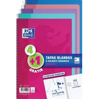 Pack 4+1 Cuadernos Oxford Espiral Folio Cuadriculado 4x4mm 80 Hojas Tapa Blanda Colores Tendencia Surtidos