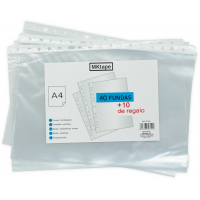 MKtape Pack de 50 Fundas Multitaladro Portadocumentos, Formato A4, 0.5 Micras, Color Transparente