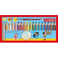Stabilo Woddy 3 en 1 Pack de 18 Lapices de Colores + Sacapuntas + Pincel Nº 8, Lapiz de Color, Cera y Acuarela