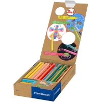 Staedtler Noris Junior Pack de 6 Lapices de Colores Extragruesos + Sacapuntas, 3 en 1, Lapiz, Cera y Acuarelable