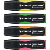 Stabilo Green Boss Set de Mesa de 4 Marcadores Fluorescentes + Bloc de Notas Adhesivas 100% Papel Reciclado, Set Fabricado 98