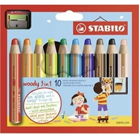 Stabilo Woddy 3 en 1 Pack de 10 Lapices de Colores + Sacapuntas, Lapiz de Color, Cera y Acuarela, Todo en Uno, Mina XXL 10mm