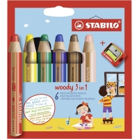 Stabilo Woddy 3 en 1 Pack de 6 Lapices de Colores + Sacapuntas, Lapiz de Color, Cera y Acuarela, Todo en Uno, Mina XXL 10mm