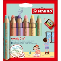Stabilo Woddy 3 en 1 Pack de 6 Lapices de Colores Pastel + Sacapuntas, Lapiz de Color, Cera y Acuarela, Todo en Uno, Mina XXL 
