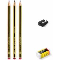 Staedtler Noris 120 Pack de 3 Lápices + Goma de Borrar + Sacapuntas, Dureza HB Ultrarresistente de 2mm