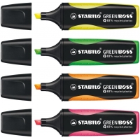 Stabilo Green Boss Set de Mesa de 4 Marcadores Fluorescentes + Bloc de Notas Adhesivas 100% Papel Reciclado, Set Fabricado 98