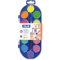 Milan 0531512 Estuche de 12 Acuarelas Ø30 mm + Pincel Serie 101 Colores Fluorescentes y Metalizados