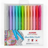 Alpino Color Experience Pack de 12 Rotuladores Pastel Doble Punta, Puntas Fine Liner de 0.7mm y Pincel de 2.9mm