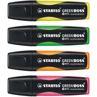 Stabilo Green Boss Pack de 4 Marcadores Fluorescentes, Trazo 2-5mm, Colores Surtidos