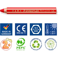 Staedtler Noris Junior Pack de 6 Lapices de Colores Extragruesos + Sacapuntas, 3 en 1, Lapiz, Cera y Acuarelable