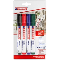 Edding 4500 Pack de 4 Rotuladores Permanentes para Textil, Trazo 2-3mm, Olor Neutro, Seca rápido, Colores Negro,