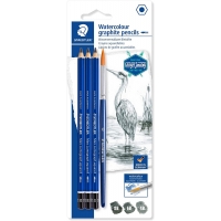 Staedtler Mars Lumograph Aquarell 100A Pack de 3 Lapices de Grafito + Pincel, Graduaciones Surtidas