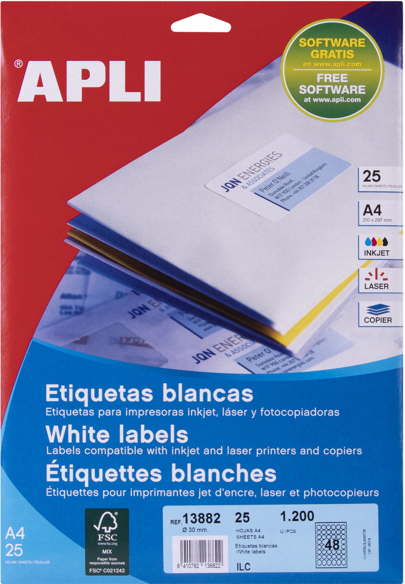 Apli Etiquetas Permanentes Diametro 30 mm. 25 Hojas A4