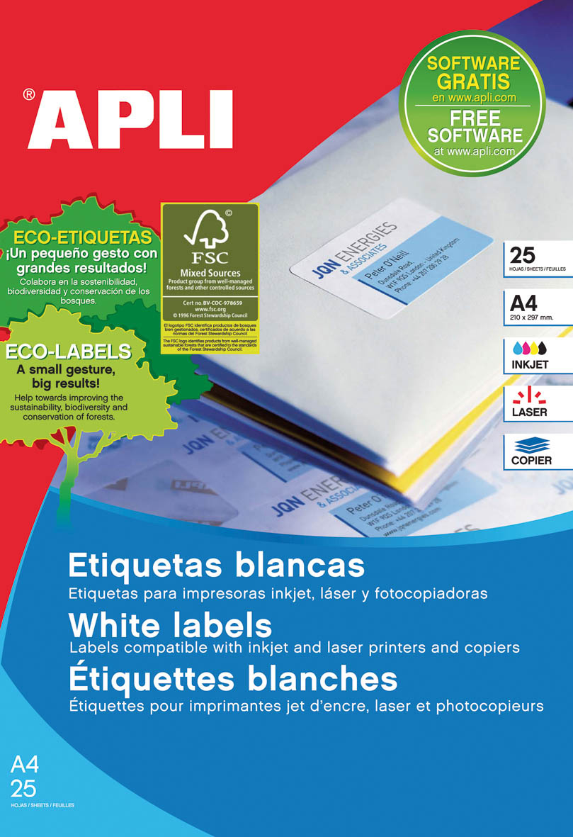Apli Etiquetas Permanentes 70x37 mm. 25 Hojas A4